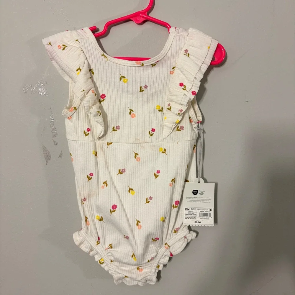 Cloud Island Floral Bodysuit Baby Girl 18M Cream NWT Ruffle Ribbed Knit Sleevele